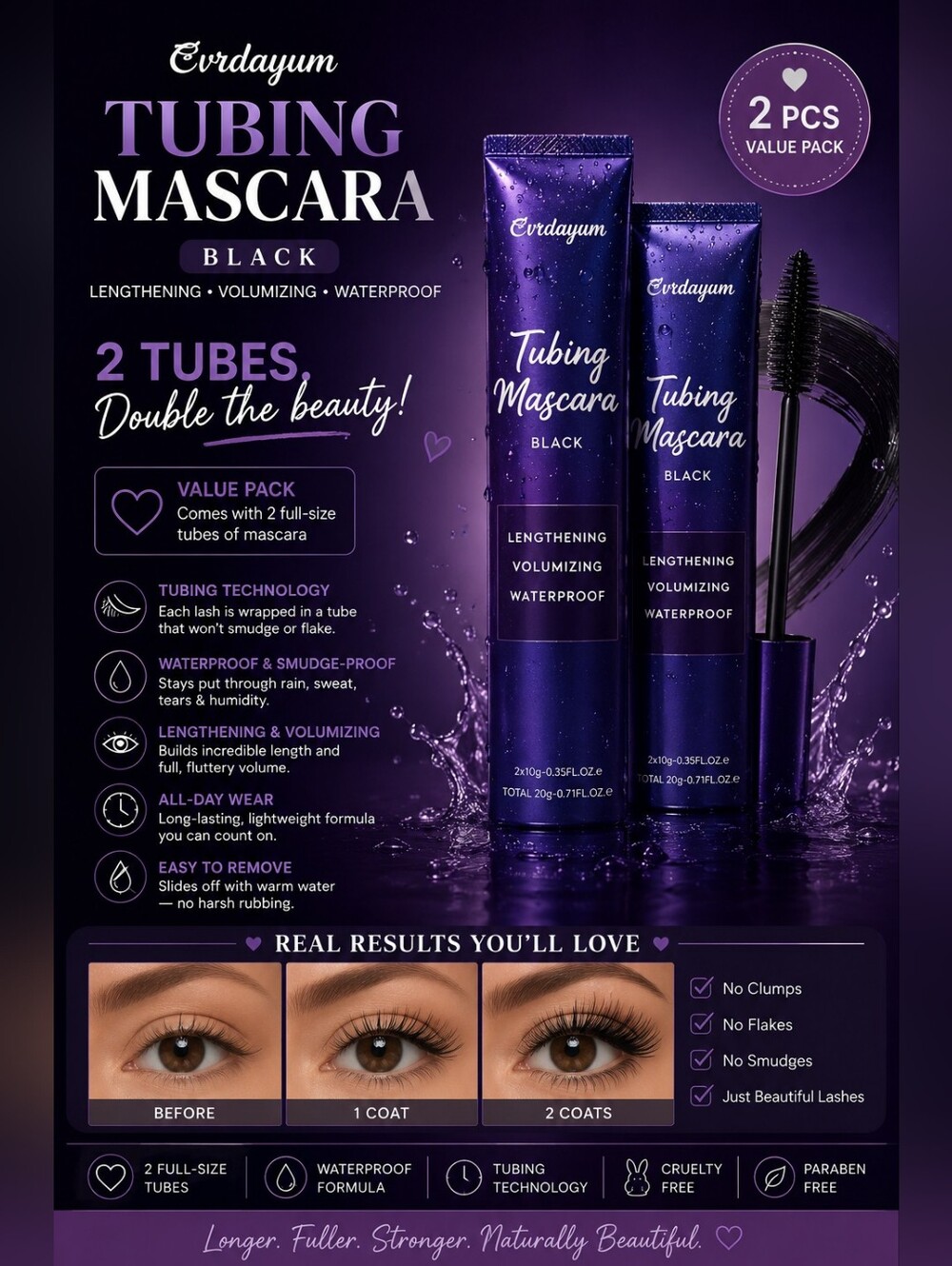💙 2 Pcs - Tubing Mascara - Black Waterproof Volunizing Lengthening